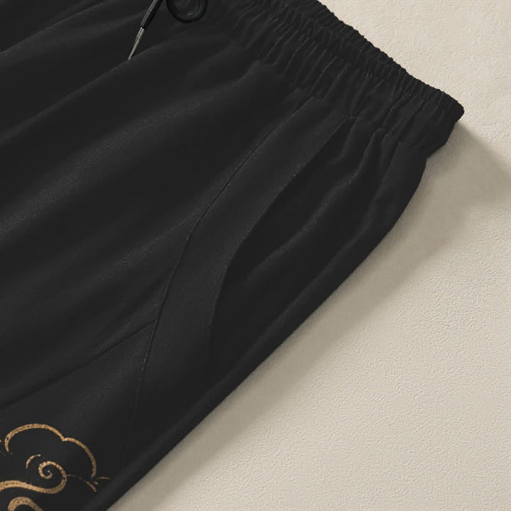 Buddha Stones Pantalones de hombre de algodón puro con estampado de dragón dorado y nube auspiciosa, con cordón ajustable y bolsillos. - image 4