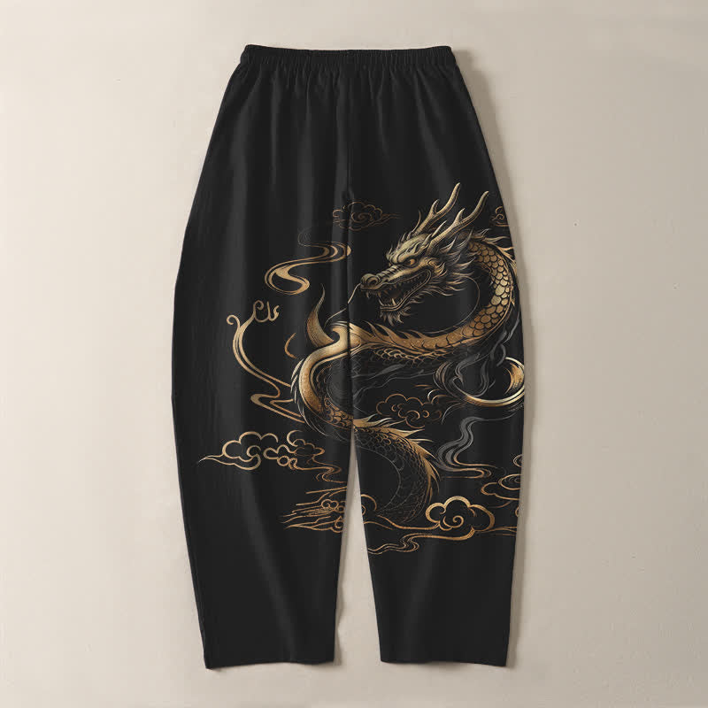 Buddha Stones Pantalones de hombre de algodón puro con estampado de dragón dorado y nube auspiciosa, con cordón ajustable y bolsillos. - image 3