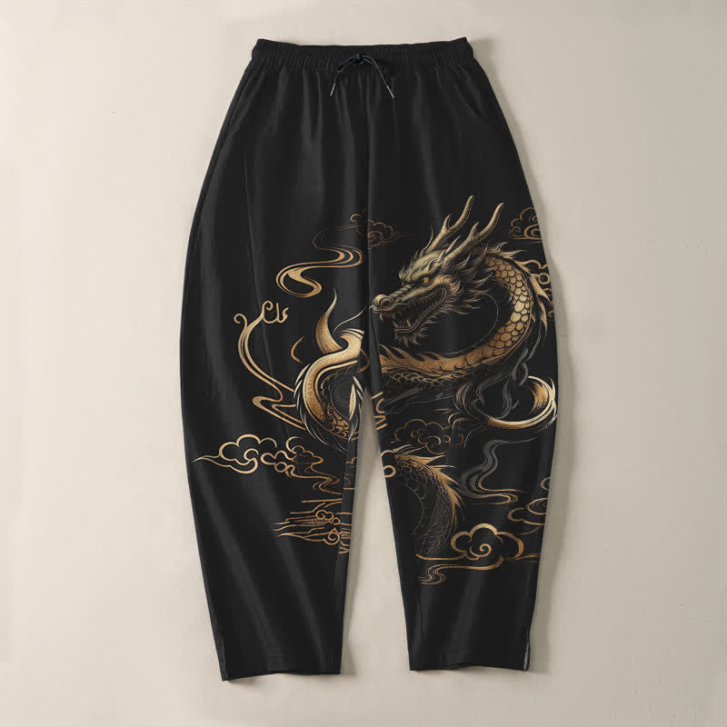 Buddha Stones Pantalones de hombre de algodón puro con estampado de dragón dorado y nube auspiciosa, con cordón ajustable y bolsillos. - image 2