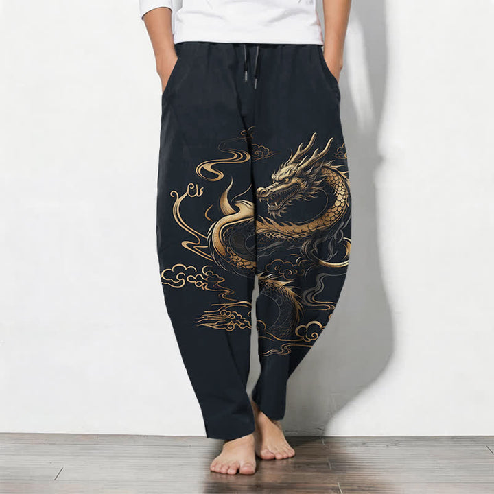 Buddha Stones Pantalones de hombre de algodón puro con estampado de dragón dorado y nube auspiciosa, con cordón ajustable y bolsillos. - Azul medianoche - US/UK/AU50, EU60 (5XL) - image 7