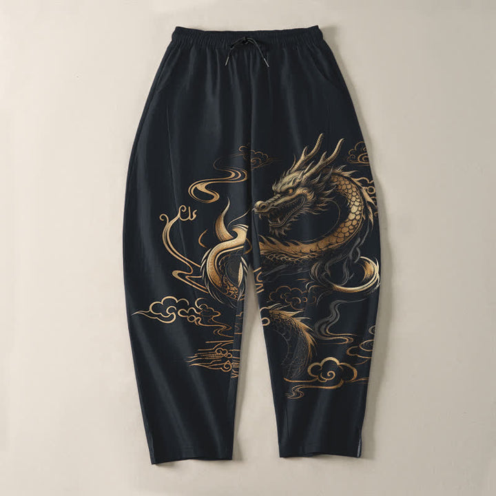 Buddha Stones Pantalones de hombre de algodón puro con estampado de dragón dorado y nube auspiciosa, con cordón ajustable y bolsillos. - image 9