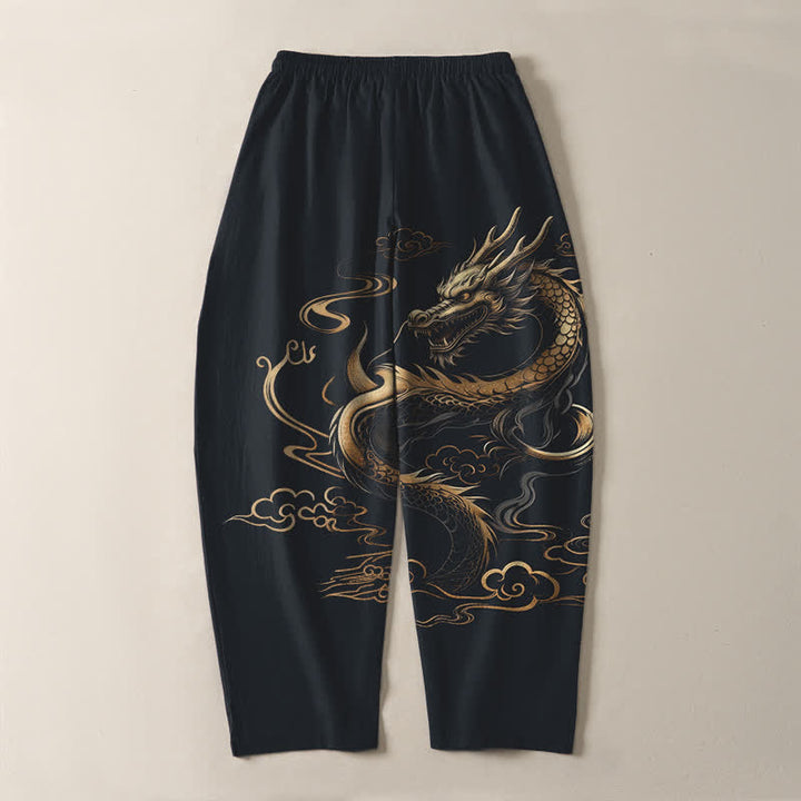 Buddha Stones Pantalones de hombre de algodón puro con estampado de dragón dorado y nube auspiciosa, con cordón ajustable y bolsillos. - image 10