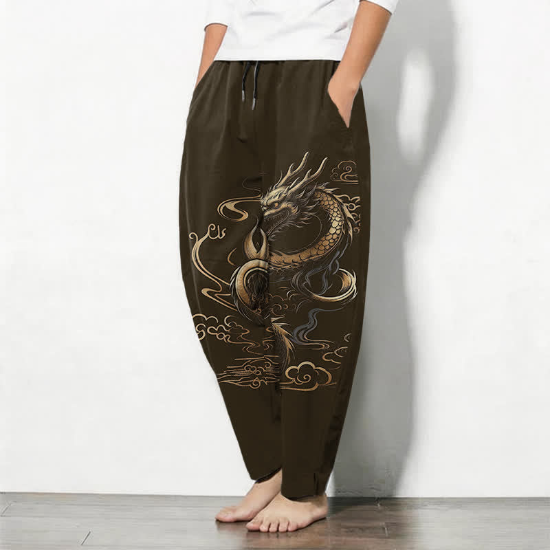 Buddha Stones Pantalones de hombre de algodón puro con estampado de dragón dorado y nube auspiciosa, con cordón ajustable y bolsillos. - image 12