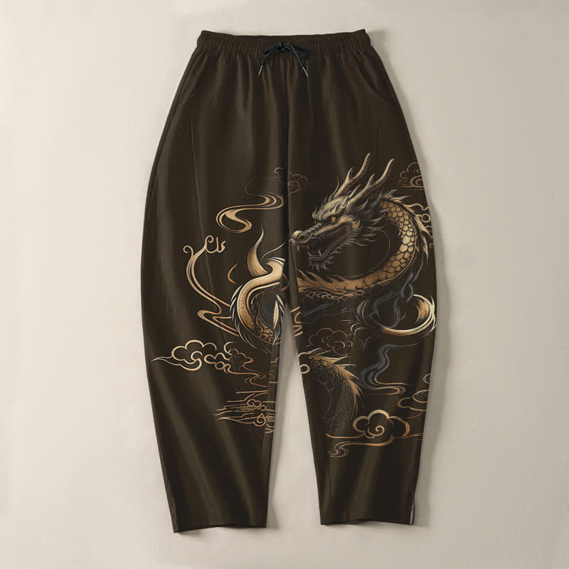 Buddha Stones Pantalones de hombre de algodón puro con estampado de dragón dorado y nube auspiciosa, con cordón ajustable y bolsillos. - image 13