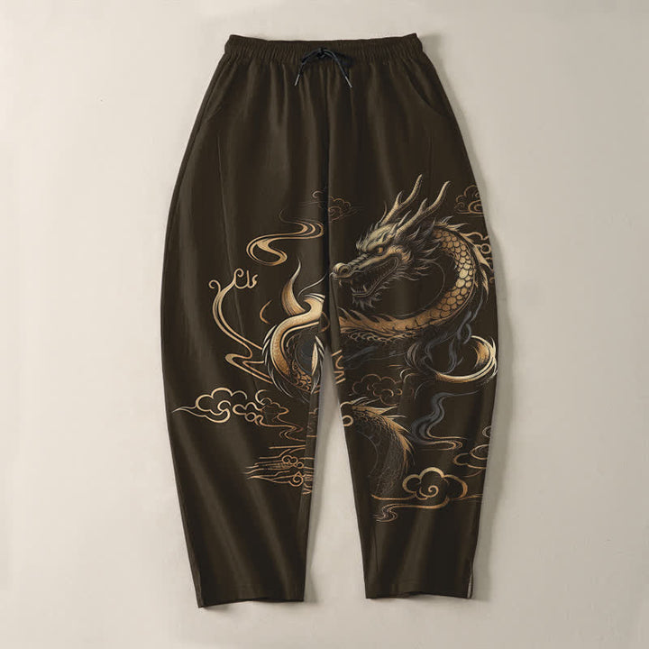 Buddha Stones Pantalones de hombre de algodón puro con estampado de dragón dorado y nube auspiciosa, con cordón ajustable y bolsillos. - image 13