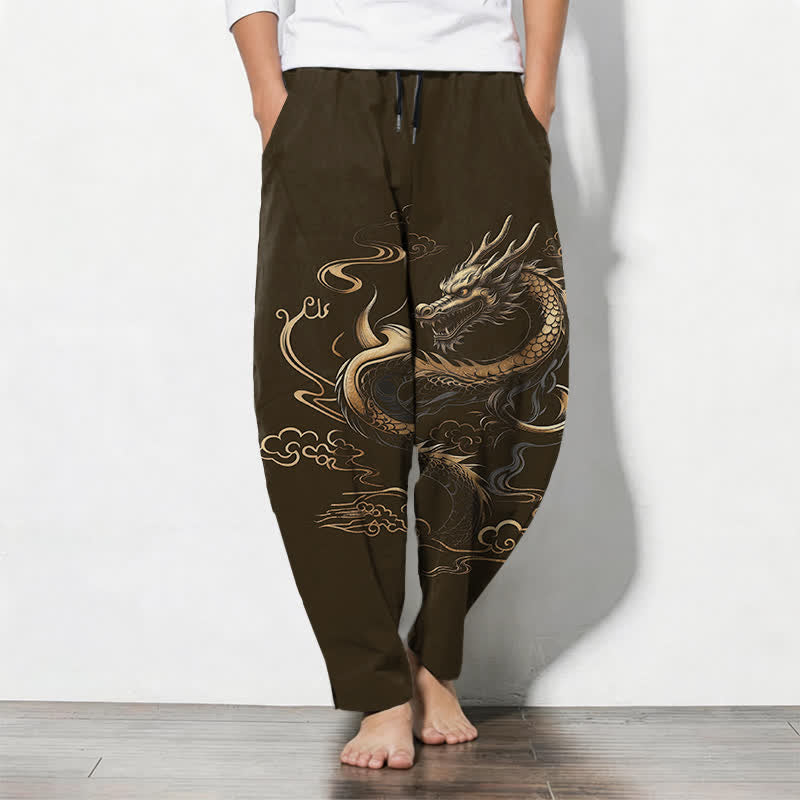 Buddha Stones Pantalones de hombre de algodón puro con estampado de dragón dorado y nube auspiciosa, con cordón ajustable y bolsillos. - Verde oliva oscuro - US/UK/AU50, EU60 (5XL) - image 11