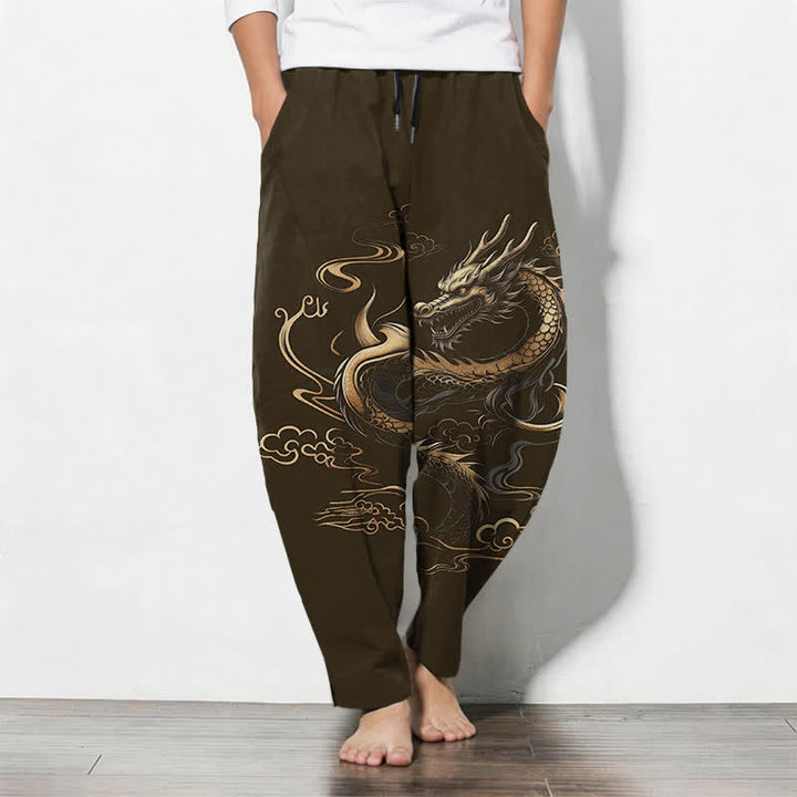 Buddha Stones Pantalones de hombre de algodón puro con estampado de dragón dorado y nube auspiciosa, con cordón ajustable y bolsillos. - Verde oliva oscuro - US/UK/AU50, EU60 (5XL) - image 11