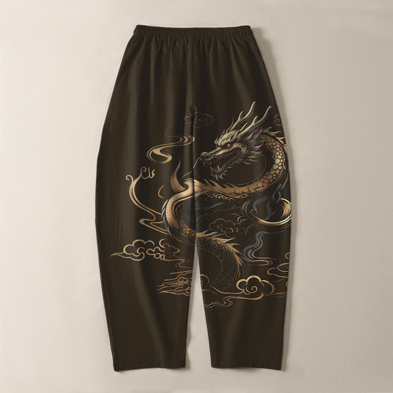 Buddha Stones Pantalones de hombre de algodón puro con estampado de dragón dorado y nube auspiciosa, con cordón ajustable y bolsillos. - image 14