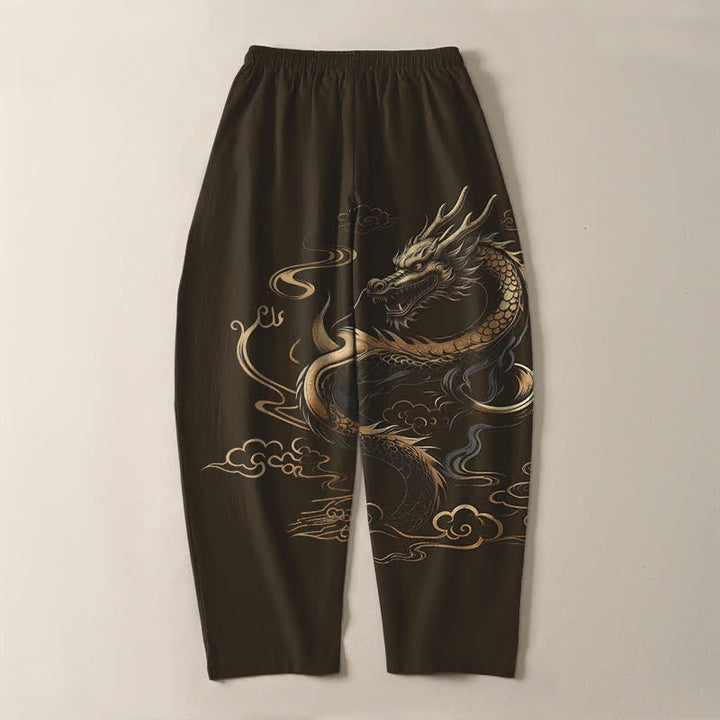 Buddha Stones Pantalones de hombre de algodón puro con estampado de dragón dorado y nube auspiciosa, con cordón ajustable y bolsillos. - image 14