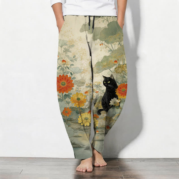 Buddha Stones Pantalones de hombre de algodón puro con estampado floral de gato negro oriental, cordón ajustable y corte cónico con bolsillos. - vara de oro pálida - US/UK/AU50, EU60 (5XL) - image 0