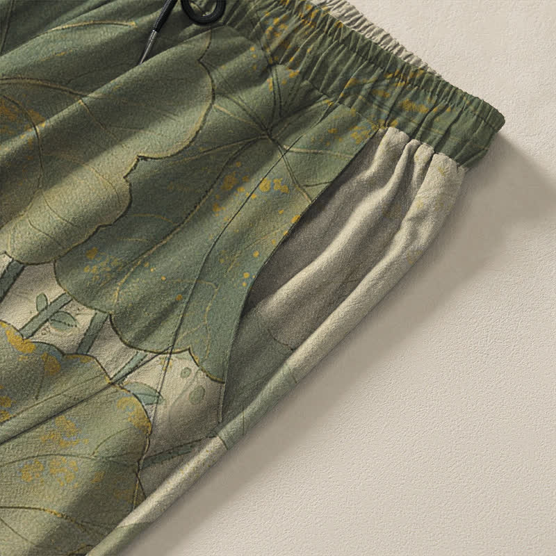 Buddha Stones Pantalones de hombre de algodón puro con estampado floral de gato negro oriental, cordón ajustable y corte cónico con bolsillos. - image 4