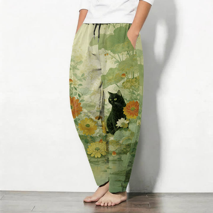 Buddha Stones Pantalones de hombre de algodón puro con estampado floral de gato negro oriental, cordón ajustable y corte cónico con bolsillos. - image 8