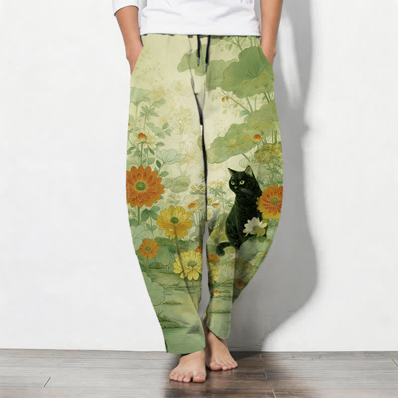 Buddha Stones Pantalones de hombre de algodón puro con estampado floral de gato negro oriental, cordón ajustable y corte cónico con bolsillos. - VerdeAmarillo - US/UK/AU50, EU60 (5XL) - image 7