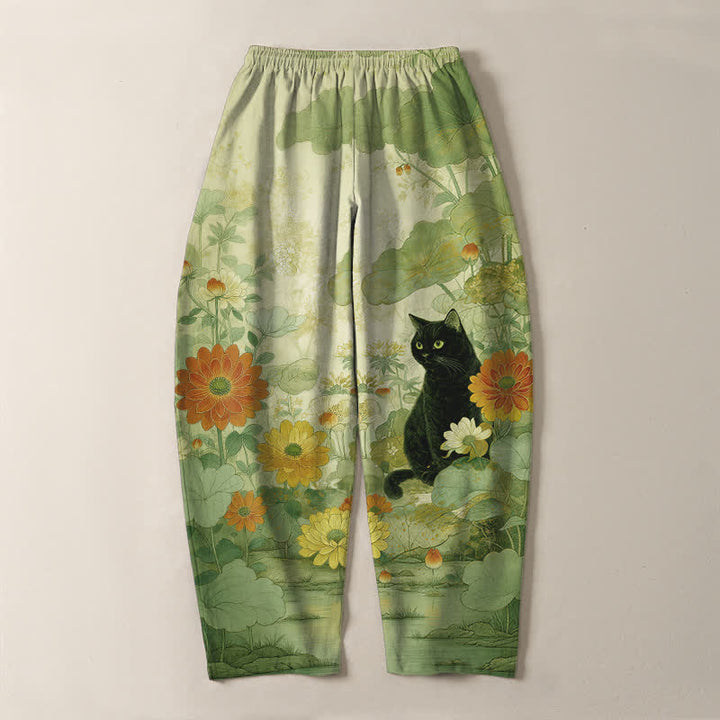 Buddha Stones Pantalones de hombre de algodón puro con estampado floral de gato negro oriental, cordón ajustable y corte cónico con bolsillos. - image 10