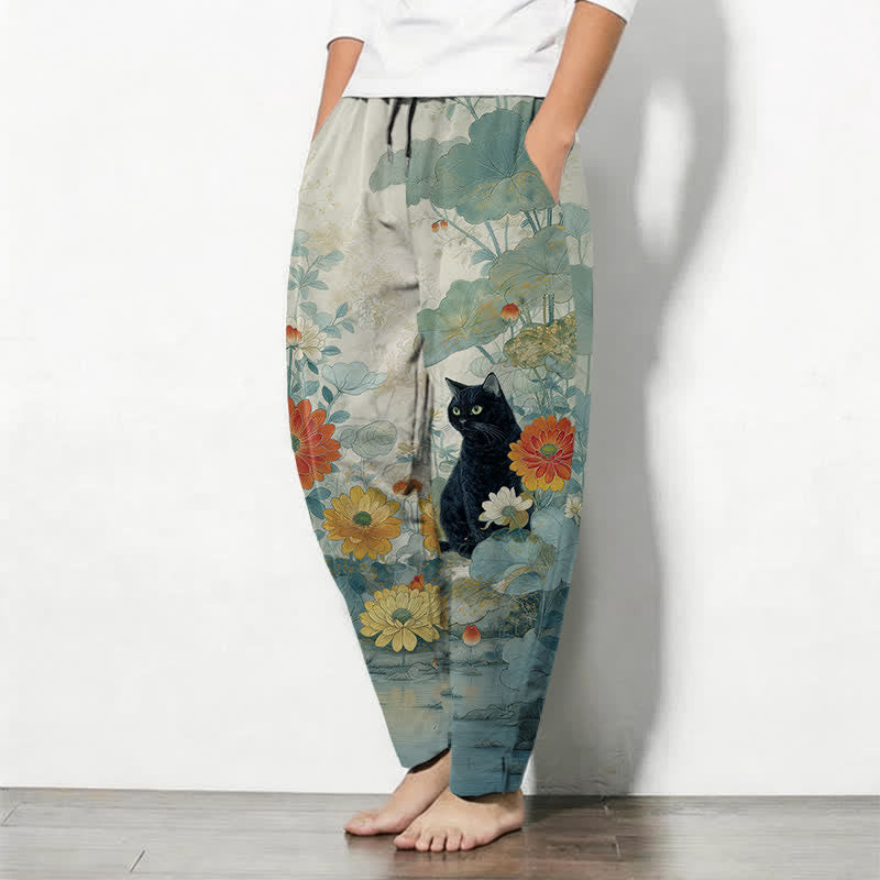 Buddha Stones Pantalones de hombre de algodón puro con estampado floral de gato negro oriental, cordón ajustable y corte cónico con bolsillos. - image 12