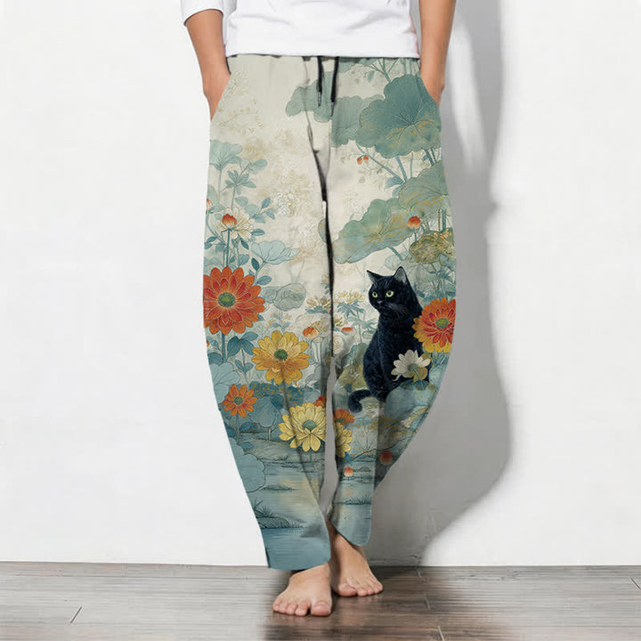 Buddha Stones Pantalones de hombre de algodón puro con estampado floral de gato negro oriental, cordón ajustable y corte cónico con bolsillos. - Turquesa pálido - US/UK/AU50, EU60 (5XL) - image 11