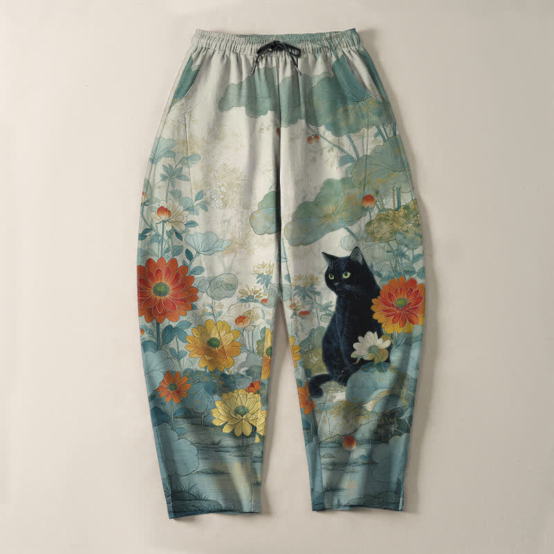 Buddha Stones Pantalones de hombre de algodón puro con estampado floral de gato negro oriental, cordón ajustable y corte cónico con bolsillos. - image 13