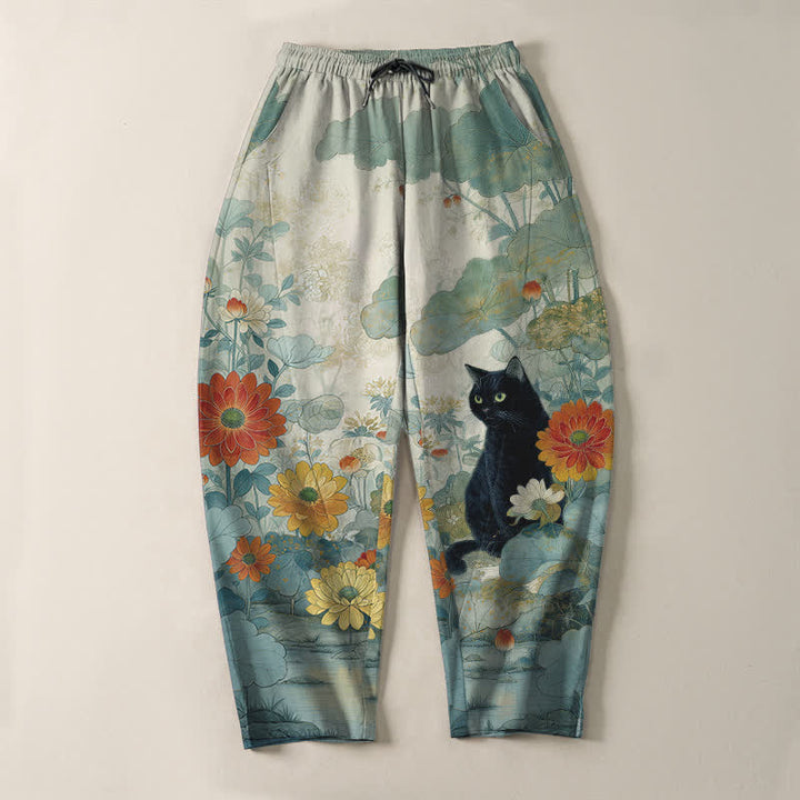 Buddha Stones Pantalones de hombre de algodón puro con estampado floral de gato negro oriental, cordón ajustable y corte cónico con bolsillos. - image 13