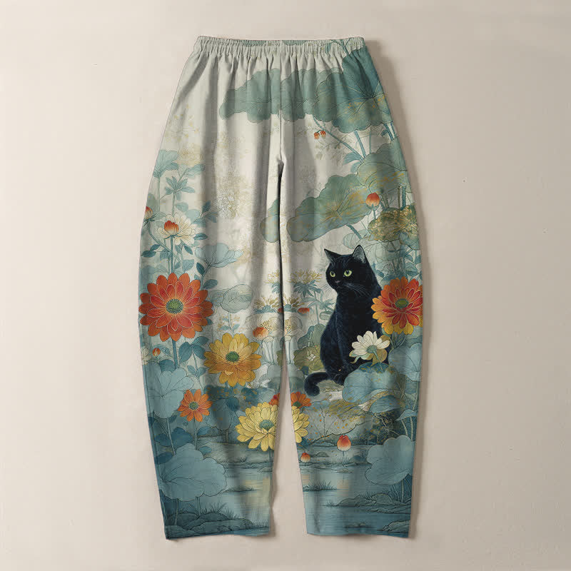 Buddha Stones Pantalones de hombre de algodón puro con estampado floral de gato negro oriental, cordón ajustable y corte cónico con bolsillos. - image 14