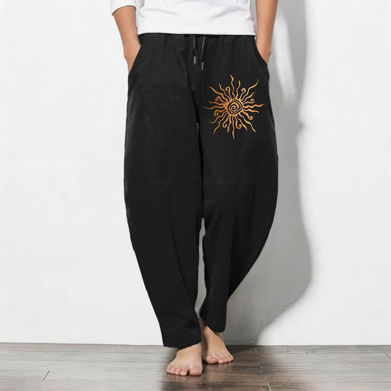 Buddha Stones Pantalones de hombre de algodón puro con estampado en espiral Golden Sun, cordón ajustable y corte cónico con bolsillos. - Negro - US/UK/AU50, EU60 (5XL) - image 0