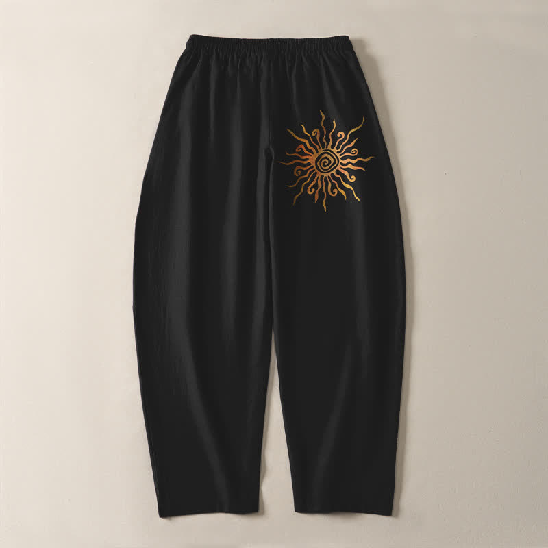 Buddha Stones Pantalones de hombre de algodón puro con estampado en espiral Golden Sun, cordón ajustable y corte cónico con bolsillos. - image 3