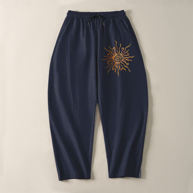 Buddha Stones Pantalones de hombre de algodón puro con estampado en espiral Golden Sun, cordón ajustable y corte cónico con bolsillos. - image 9