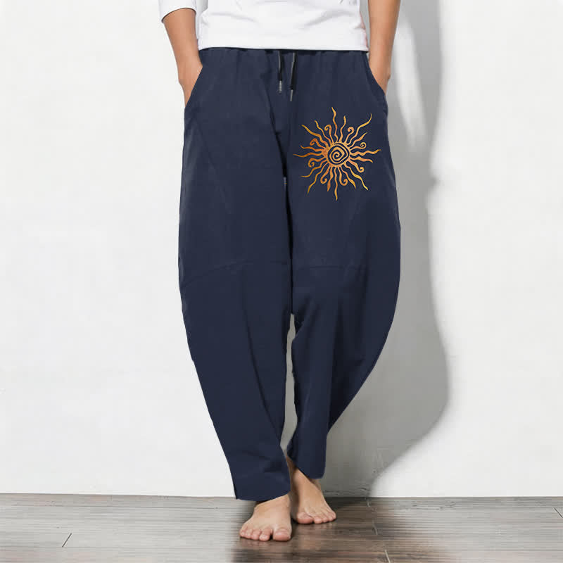 Buddha Stones Pantalones de hombre de algodón puro con estampado en espiral Golden Sun, cordón ajustable y corte cónico con bolsillos. - Marina de guerra - US/UK/AU50, EU60 (5XL) - image 7