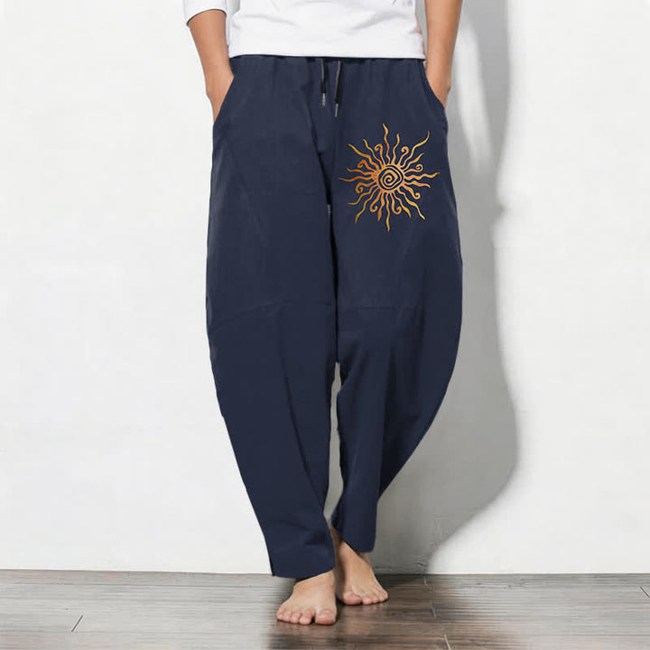Buddha Stones Pantalones de hombre de algodón puro con estampado en espiral Golden Sun, cordón ajustable y corte cónico con bolsillos. - Marina de guerra - US/UK/AU50, EU60 (5XL) - image 7