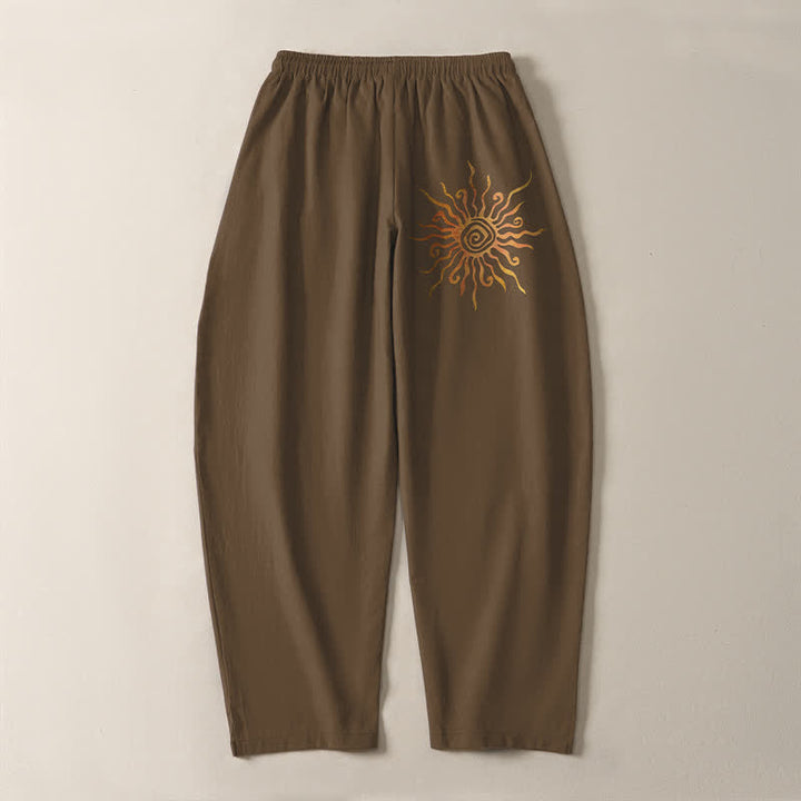Buddha Stones Pantalones de hombre de algodón puro con estampado en espiral Golden Sun, cordón ajustable y corte cónico con bolsillos. - image 14