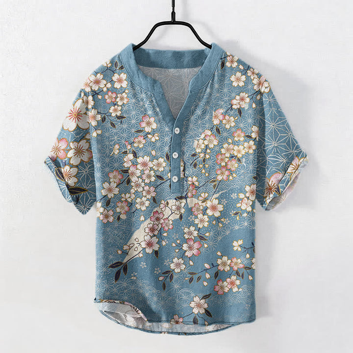 Buddha Stones Camisa de manga corta con medio botón y estampado geométrico de flores de cerezo de algodón para hombre - Azul cielo claro - US/UK/AU50, EU60 (5XL) - image 0