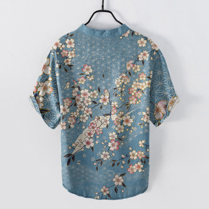 Buddha Stones Camisa de manga corta con medio botón y estampado geométrico de flores de cerezo de algodón para hombre - image 1
