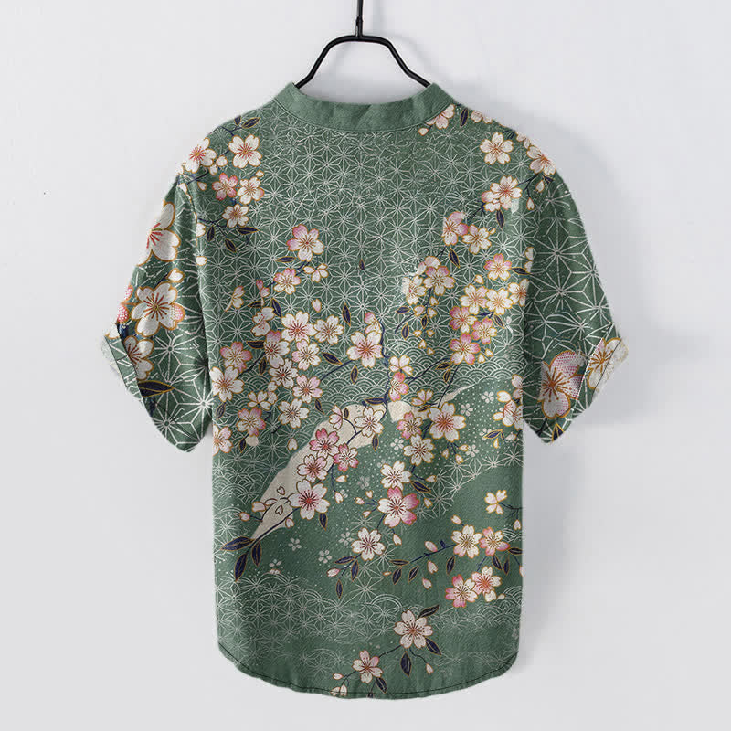 Buddha Stones Camisa de manga corta con medio botón y estampado geométrico de flores de cerezo de algodón para hombre - image 6