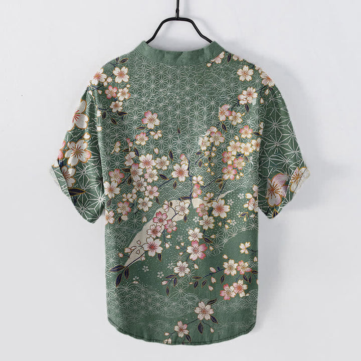 Buddha Stones Camisa de manga corta con medio botón y estampado geométrico de flores de cerezo de algodón para hombre - image 6