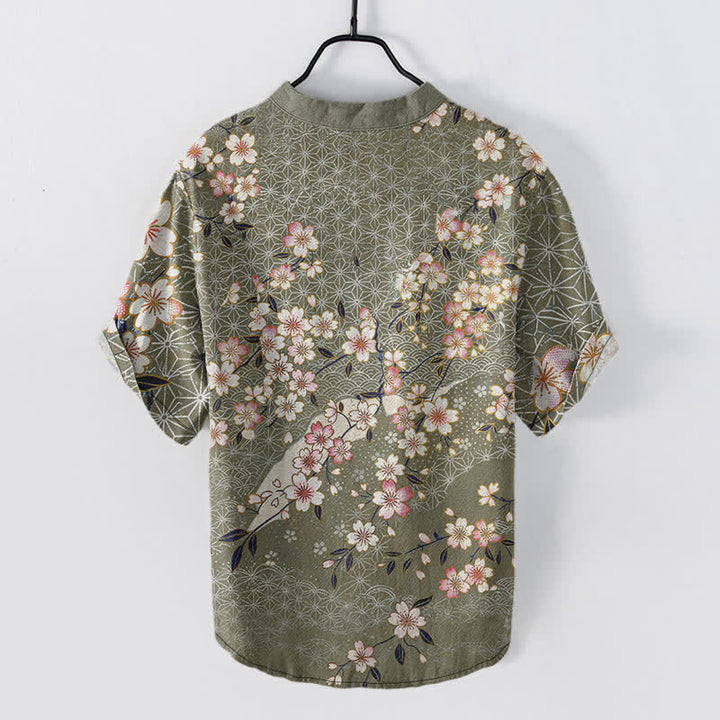 Buddha Stones Camisa de manga corta con medio botón y estampado geométrico de flores de cerezo de algodón para hombre - image 8