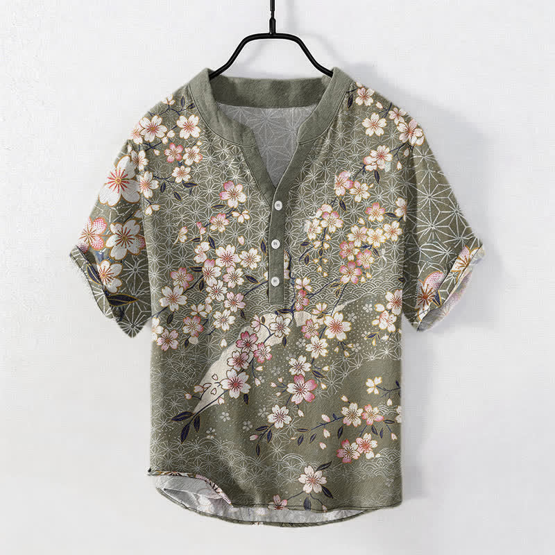 Buddha Stones Camisa de manga corta con medio botón y estampado geométrico de flores de cerezo de algodón para hombre - Verde mar oscuro - US/UK/AU50, EU60 (5XL) - image 7
