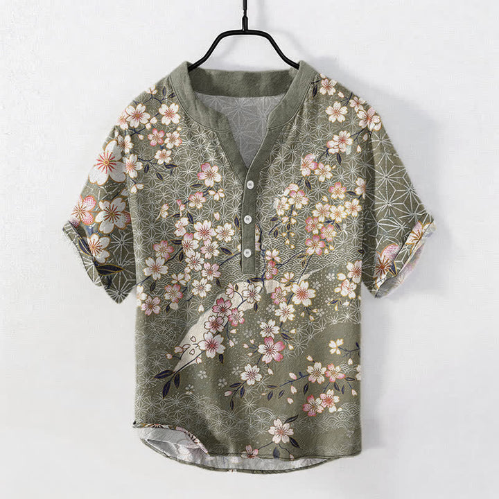 Buddha Stones Camisa de manga corta con medio botón y estampado geométrico de flores de cerezo de algodón para hombre - Verde mar oscuro - US/UK/AU50, EU60 (5XL) - image 7