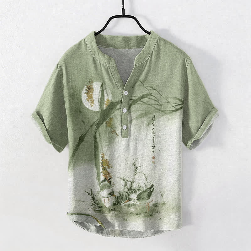 Buddha Stones Camisa de manga corta con medio botón para hombre, estampado de pájaro lunar y tinta de algodón - Verde claro - US/UK/AU50, EU60 (5XL) - image 3