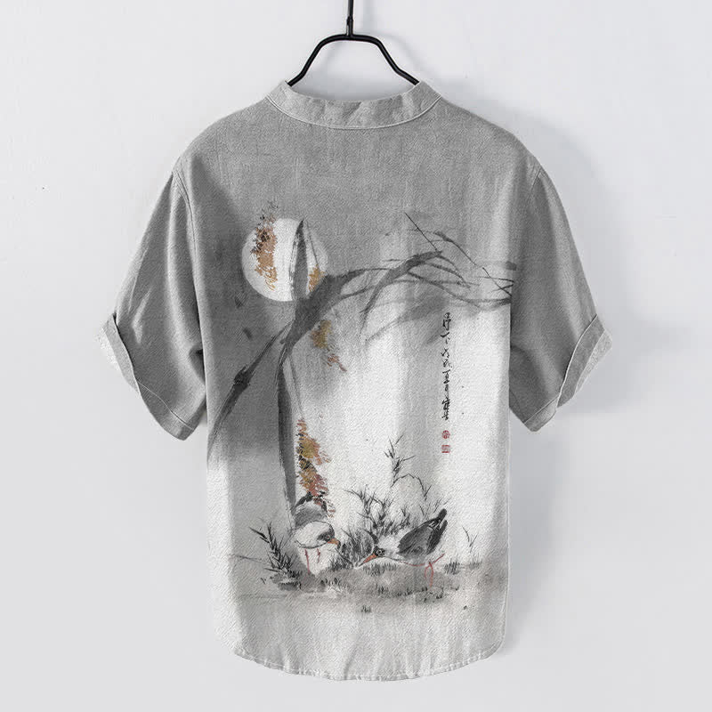Buddha Stones Camisa de manga corta con medio botón para hombre, estampado de pájaro lunar y tinta de algodón - image 6