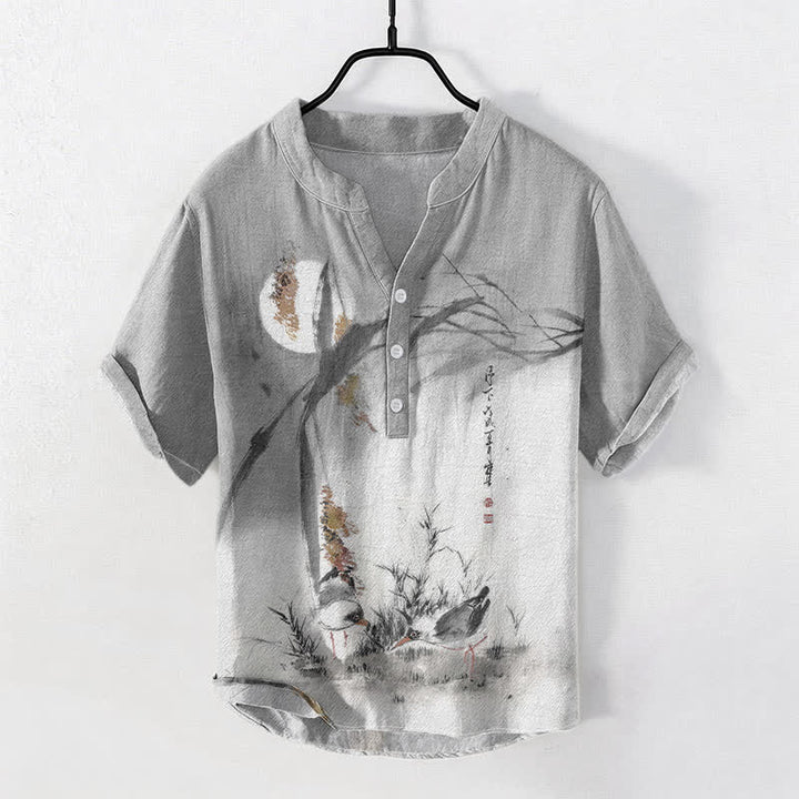 Buddha Stones Camisa de manga corta con medio botón para hombre, estampado de pájaro lunar y tinta de algodón - Gris claro - US/UK/AU50, EU60 (5XL) - image 5