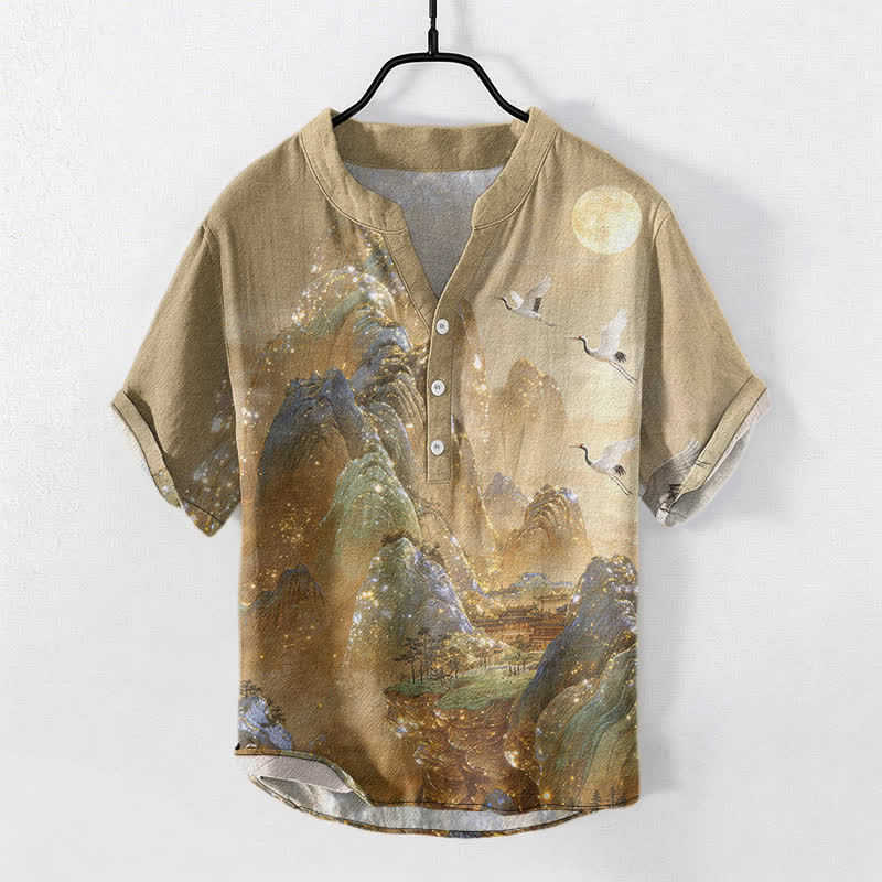 Buddha Stones Camisa de manga corta con medio botón para hombre con estampado de grulla de montaña y luna. - Caqui oscuro - US/UK/AU50, EU60 (5XL) - image 0