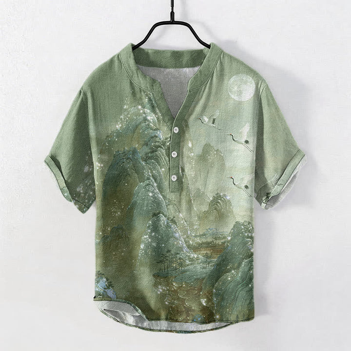 Buddha Stones Camisa de manga corta con medio botón para hombre con estampado de grulla de montaña y luna. - Verde claro - US/UK/AU50, EU60 (5XL) - image 7