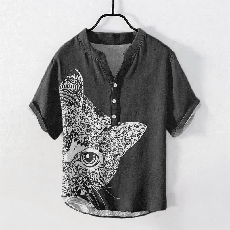 Buddha Stones Camisa de manga corta con medio botón y estampado tribal de cara de gato para hombre, de algodón. - Negro - US/UK/AU50, EU60 (5XL) - image 0