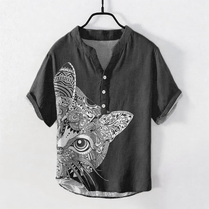 Buddha Stones Camisa de manga corta con medio botón y estampado tribal de cara de gato para hombre, de algodón. - Negro - US/UK/AU50, EU60 (5XL) - image 0