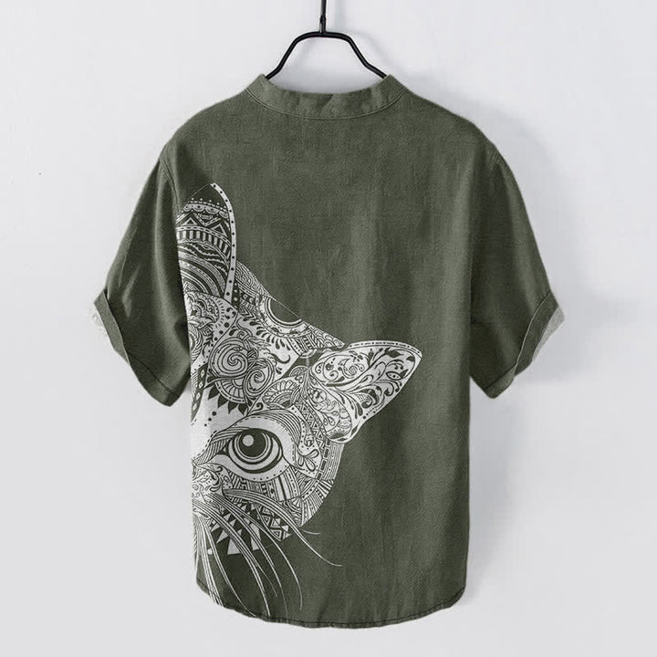 Buddha Stones Camisa de manga corta con medio botón y estampado tribal de cara de gato para hombre, de algodón. - image 6