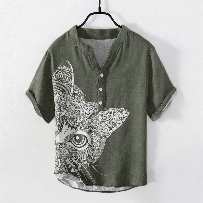 Buddha Stones Camisa de manga corta con medio botón y estampado tribal de cara de gato para hombre, de algodón. - Verde oliva oscuro - US/UK/AU50, EU60 (5XL) - image 5