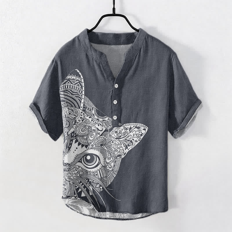 Buddha Stones Camisa de manga corta con medio botón y estampado tribal de cara de gato para hombre, de algodón. - Gris pizarra - US/UK/AU50, EU60 (5XL) - image 7