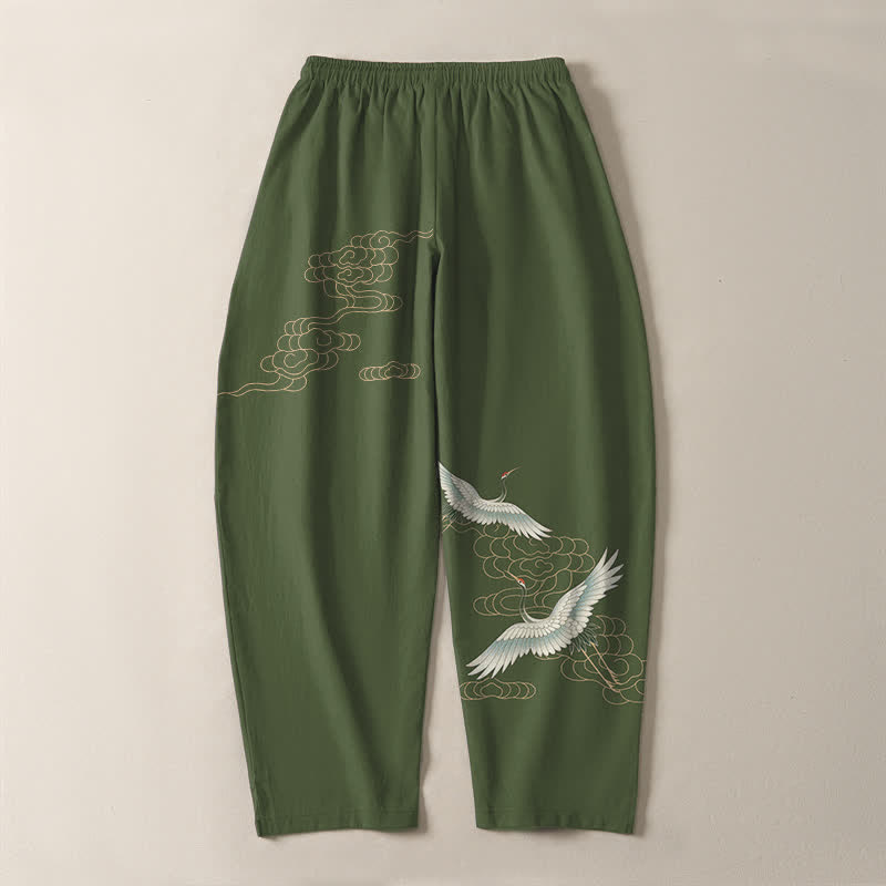 Buddha Stones Pantalones de hombre de algodón puro con estampado de grullas voladoras y nubes, con cordón ajustable y corte cónico, bolsillos. - image 10