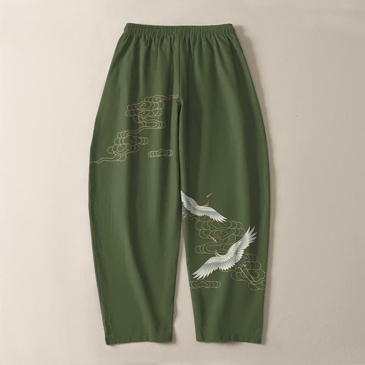 Buddha Stones Pantalones de hombre de algodón puro con estampado de grullas voladoras y nubes, con cordón ajustable y corte cónico, bolsillos. - image 10