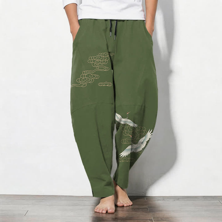 Buddha Stones Pantalones de hombre de algodón puro con estampado de grullas voladoras y nubes, con cordón ajustable y corte cónico, bolsillos. - Verde oliva - US/UK/AU50, EU60 (5XL) - image 7