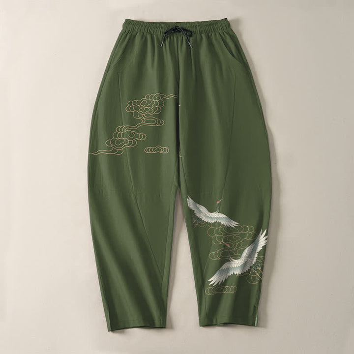 Buddha Stones Pantalones de hombre de algodón puro con estampado de grullas voladoras y nubes, con cordón ajustable y corte cónico, bolsillos. - image 9
